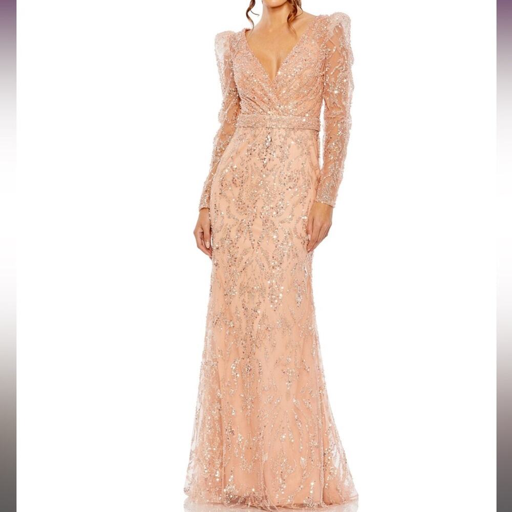 Mac Duggal 20442 Surplice Bodice Embellished Dress Apricot Women’s Sz 2